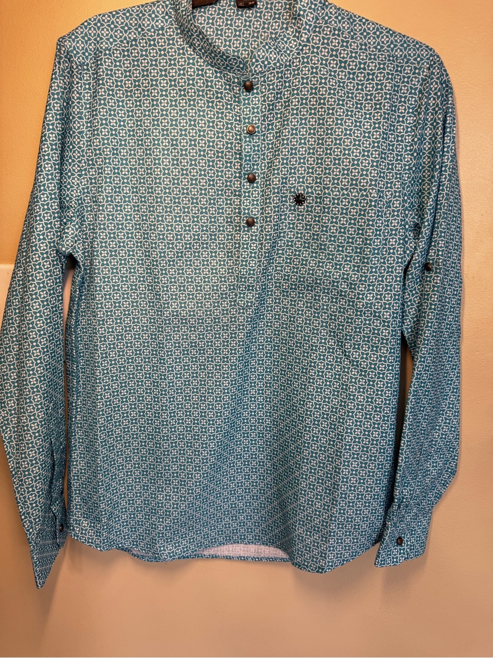 Kurta Zorro Blue/White Geometric Band Collar Long Sleeve Button-Up Shirt 38